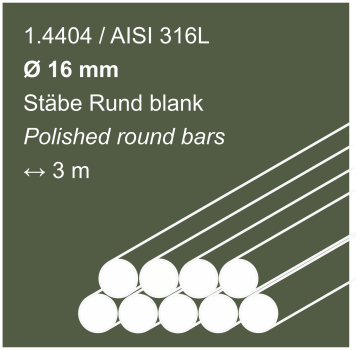 Stainless steel rods made of 1.4404 (316L), 16 mm diameter, 3000mm long, shown on a dark beige background